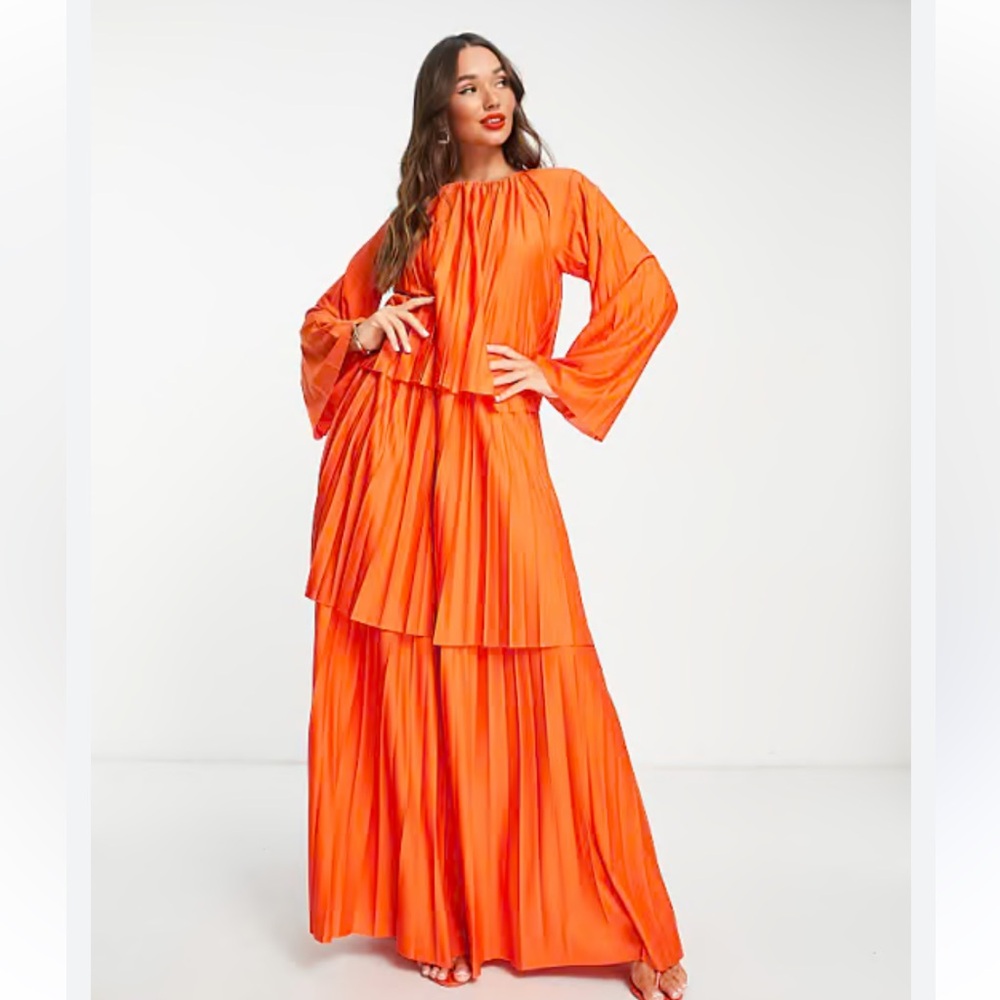 ASOS DESIGN tiered pleated maxi dress in orange - MULTI
